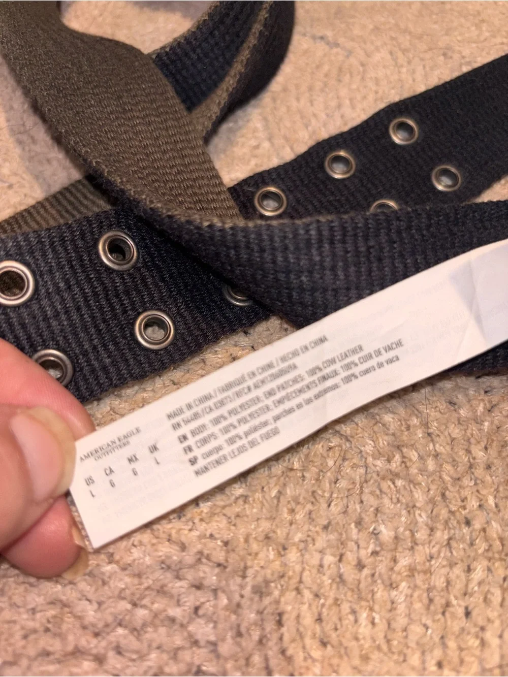 American Eagle Men’s Olive and Black Canvas Web Belt Leather Trim Size L NWT